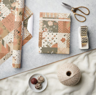 Papel De Presente Terracotta Peach Colcha Earthy Xadrez Cottagecore