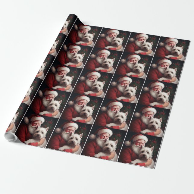 Papel De Presente Terrier Branco do West Highland Papai Noel Natal (Desenrolado)