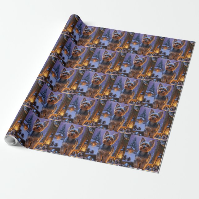 Papel De Presente Terrier de Yorkshire com Luzes de Natal Feriado (Desenrolado)