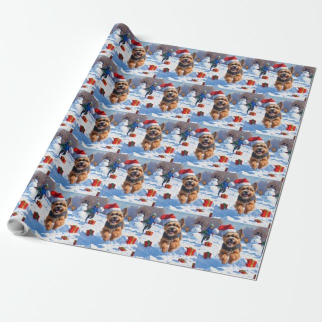 Papel De Presente Terrier Tibetano Correndo na Neve com Chapéu de Na (Desenrolado)