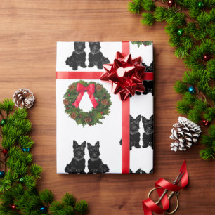 Papel De Presente Terriers escoceses com coroa de Natal