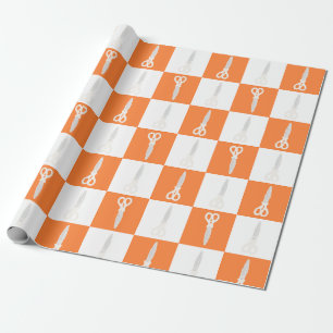 Papel De Presente Tesoura Retro Padrão Xadrez Laranja