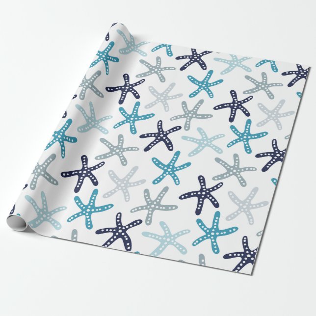 Papel De Presente Teste padrão azul da estrela do mar (Desenrolado)