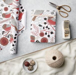 Papel De Presente Teste padrão cinzento vermelho dos Chickadees com