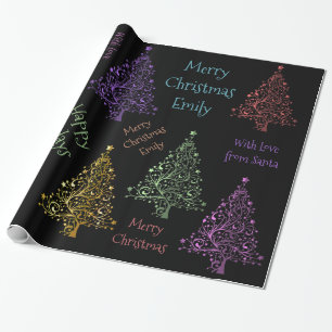 Papel De Presente Teste padrão colorido da árvore de Natal com nom