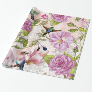 Papel De Presente Teste padrão cor-de-rosa das flores & dos colibri