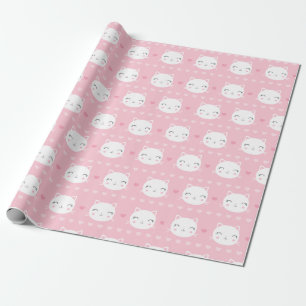 Papel De Presente Teste padrão cor-de-rosa feminino do gato branco