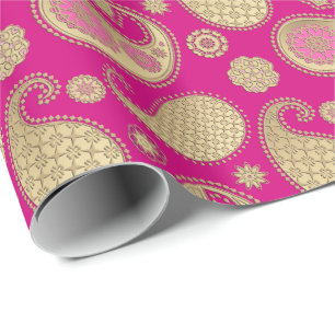 Papel De Presente Teste padrão de Paisley, ouro macio no rosa fúcs
