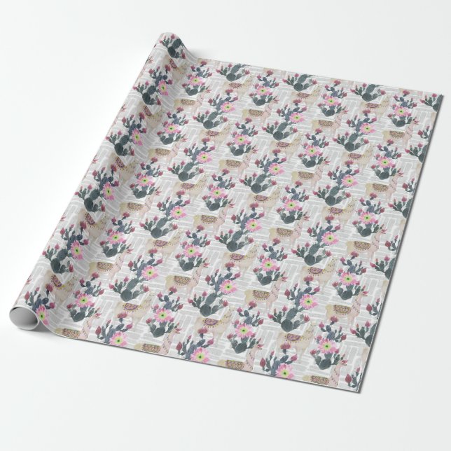 Papel De Presente Teste padrão do cacto da aguarela (Desenrolado)