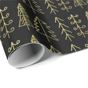 Papel De Presente Teste padrão Dourado preto das árvores de Natal