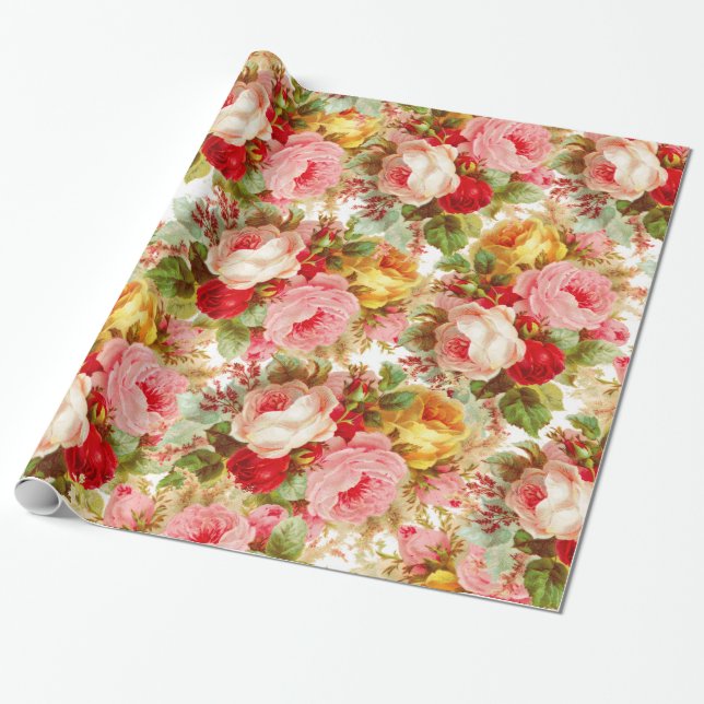 Papel De Presente Teste padrão floral das rosas vermelhas amarelas (Desenrolado)