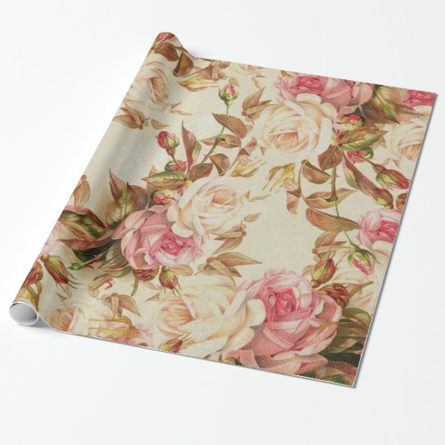 Papel De Presente Teste padrão floral dos rosas marrons brancos (Desenrolado)