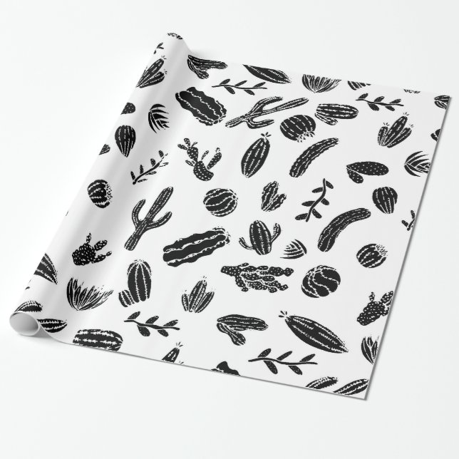 Papel De Presente Teste padrão preto e branco moderno do cacto do (Desenrolado)