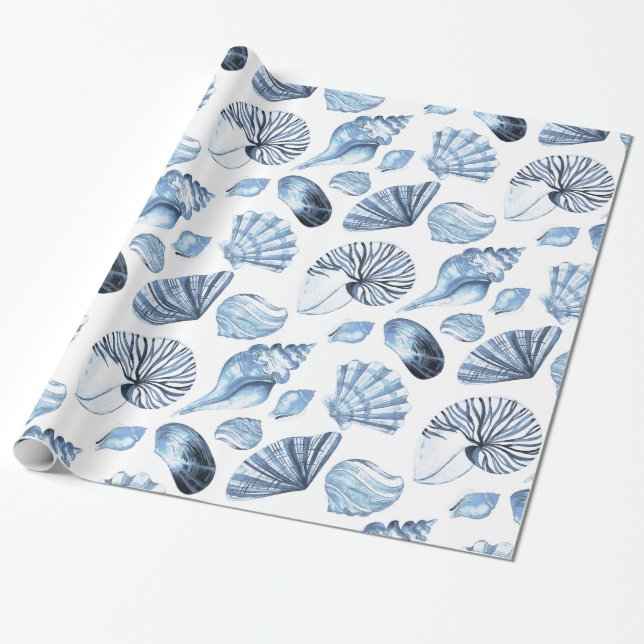 Papel De Presente Teste padrão sem emenda dos Seashells no azul (Desenrolado)