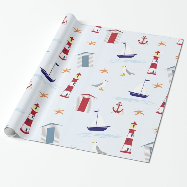 Papel De Presente Teste padrão tropical dos barcos dos faróis da (Desenrolado)