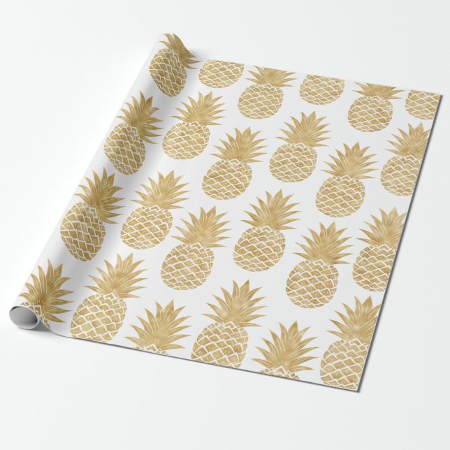 Papel De Presente Teste padrão tropical elegante do abacaxi do ouro (Desenrolado)
