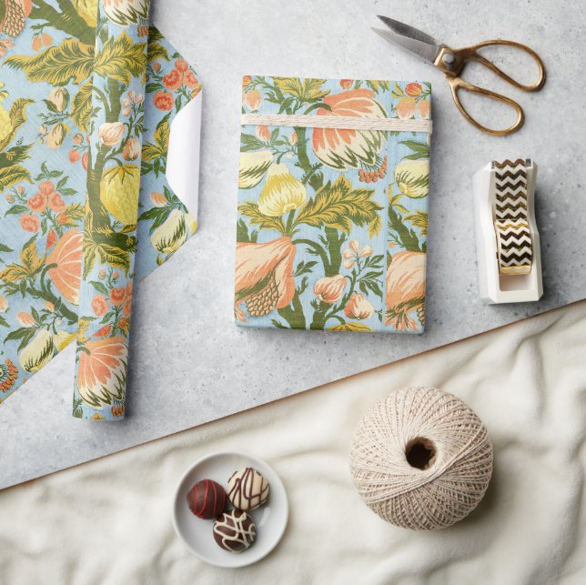 Papel De Presente Têxtil Clássico Barroco Floral de Damasco com Frut (Artesanato)