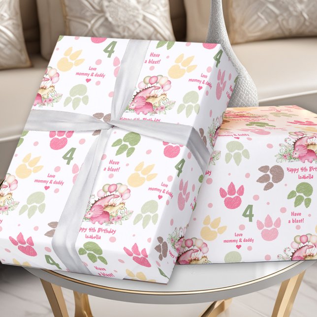 Papel De Presente Texto de Aniversário do Dinossaur Pink Pastel Cute (Dinosaur Pink Pastel Cute Girl Birthday Name Text Wrapping Paper)