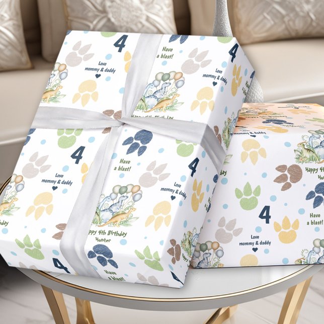 Papel De Presente Texto de Aniversário do Menino Verde Azul do Dinos (Dinosaur Blue Green Boy Birthday Name Text Wrapping Paper)