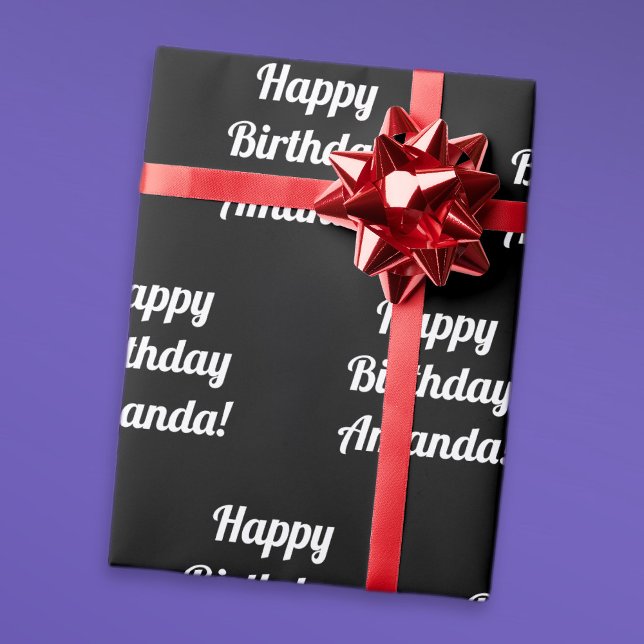 Papel De Presente Texto de aniversário feliz personalizável | Preto  (Criador carregado)