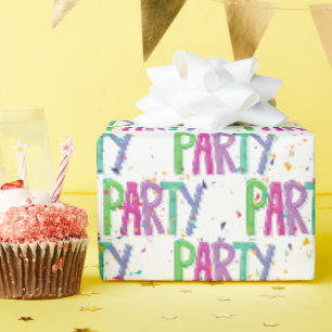 Papel De Presente Texto de Festa e Confetes em Branco