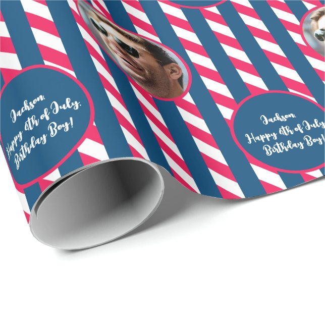 Papel De Presente Texto de Foto Vermelho Azul Branco 4 de julho Stri (Ponta do rolo)