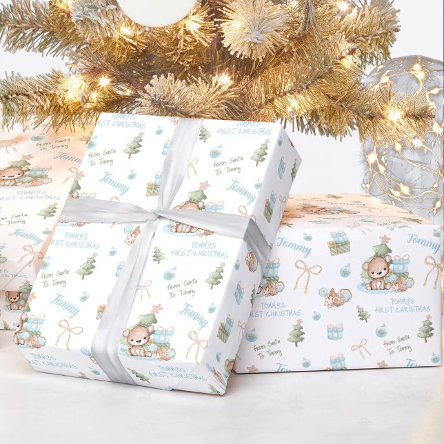 Papel De Presente Texto de Natal do nome do Bear Boy (Christmas Bear Boy Name Text Christmas Wrapping Paper)