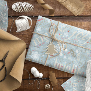 Papel De Presente Texto de Natal e Padrão do Floco de Neve Azul ID2