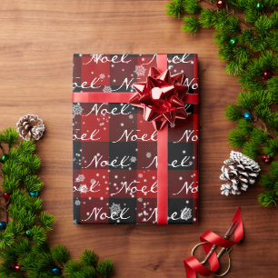 Papel De Presente Texto de Natal NOEL em Xadrez com Flocos de Neve