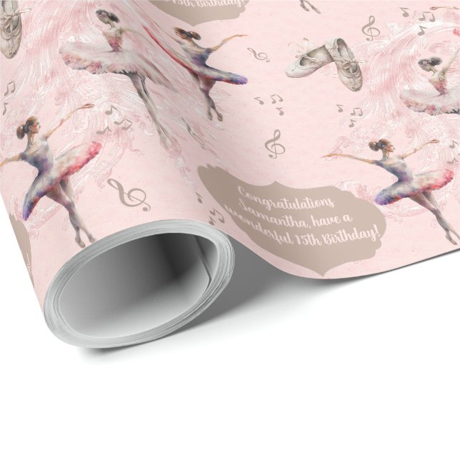 Papel De Presente Texto do Elegante Blush Pink Silver Nome Idade Bal (Ponta do rolo)