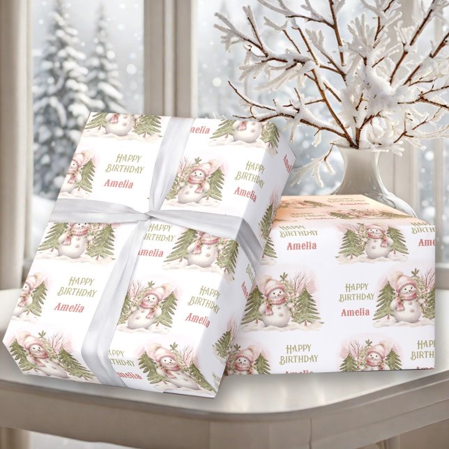 Papel De Presente Texto do Nome da Rapariga do Homem de Neve Fresco (Cute Vintage Snowman Winter Girl Name Text Wrapping Paper)
