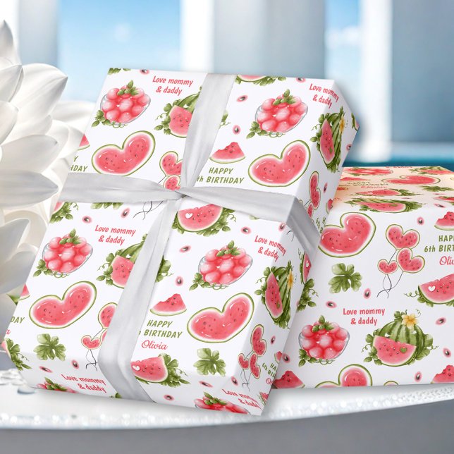 Papel De Presente Texto do Nome de Aniversário do Verão de Melancia  (Pink Watermelon Summer Birthday Name Text Wrapping Paper)