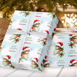 Papel De Presente Texto do Robin Bonito em Santa Hat Crianças de Nat