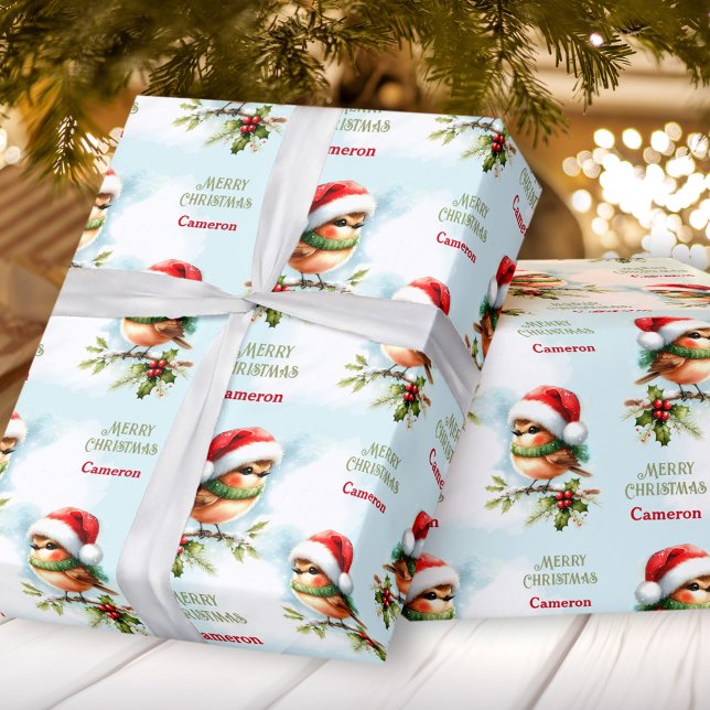 Papel De Presente Texto do Robin Bonito em Santa Hat Crianças de Nat (Cute Robin in Santa Hat Christmas Kids Name Text Wrapping Paper)