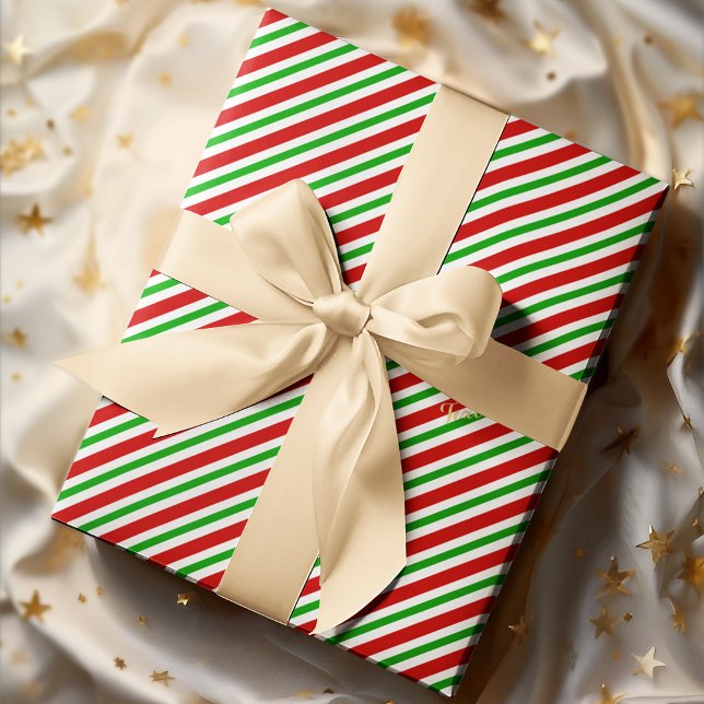 Papel De Presente Texto Dourado da faixa branca verde-branca, branco (Cute Christmas Red Green White Stripes Gold Text Wrapping Paper)