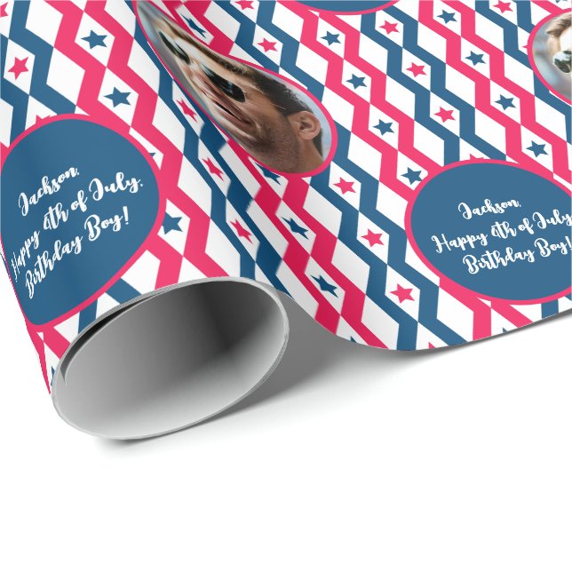 Papel De Presente Texto Fotográfico Vermelho Azul Branco 4 de julho  (Ponta do rolo)