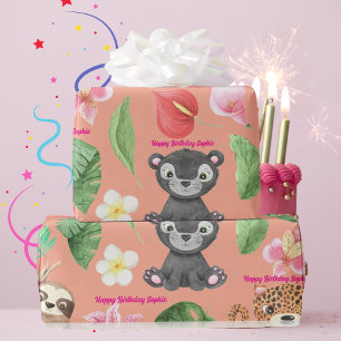 Papel De Presente Texto Personalizado Animais Bebês Tropicais Aniver