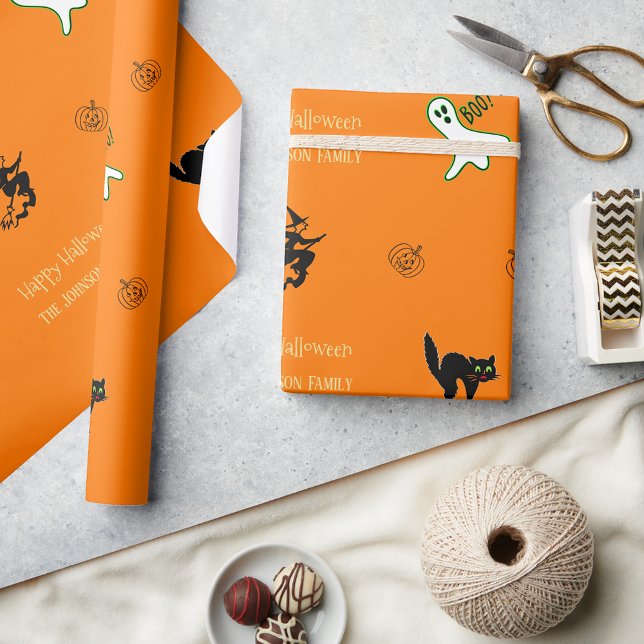 Papel De Presente Texto Personalizado Da Bruxa Do Fantasma Fantasma  (Halloween Spooky Cat Ghost Witch Fun Custom Text Wrapping Paper)