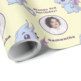 Papel De Presente Texto Personalizado de Foto do Dragão Chibi Azul R