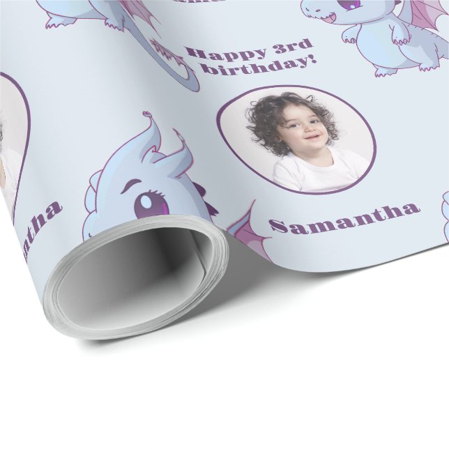 Papel De Presente Texto Personalizado de Foto do Dragão Chibi Azul R (Ponta do rolo)