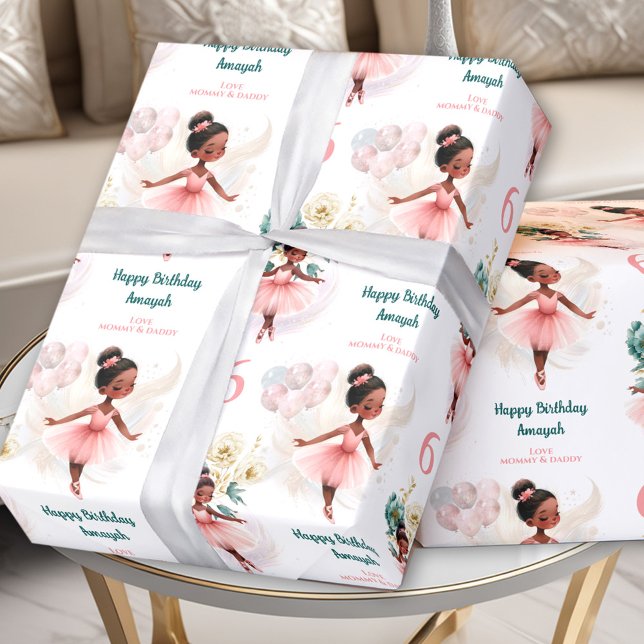 Papel De Presente Texto Personalizado De Nome Da Pele Escura De Aniv (Ballerina Girl Birthday Dark Skin Custom Name Text Wrapping Paper)