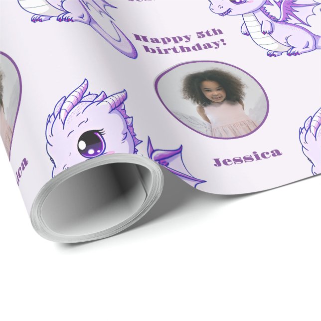 Papel De Presente Texto Personalizado do Dragão Chibi Roxo (Ponta do rolo)