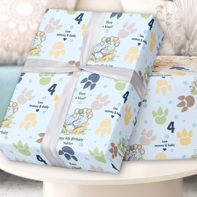 Papel De Presente Texto Personalizado do Nome Azul Verde de Nascimen (Dinosaur Birthday Blue Green Boy Custom Name Text Wrapping Paper)