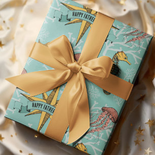 Papel De Presente Texto Personalizado em Estrela Náutica Teal Marinh