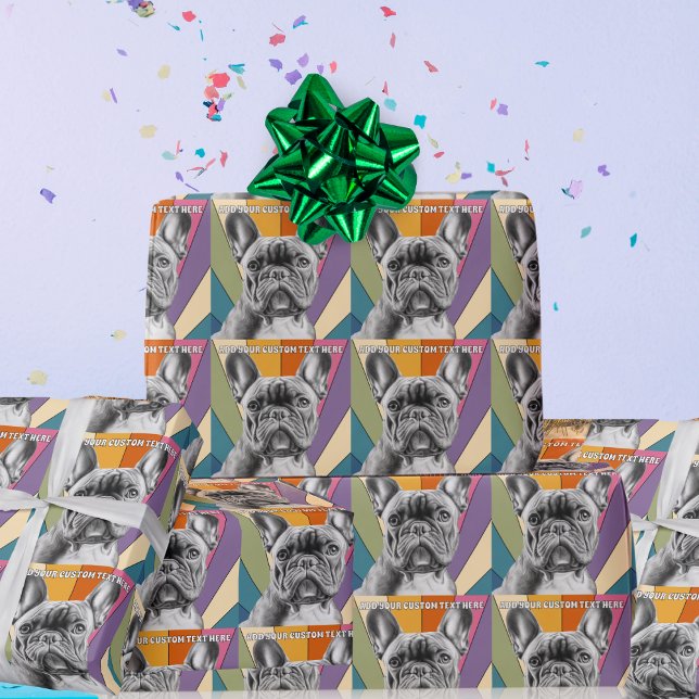 Papel De Presente Texto Personalizado Retro Groovy Arco-íris Bulldog (Criador carregado)