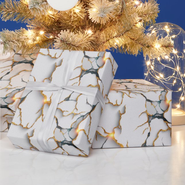 Papel De Presente Textura de Mármore Branco com Veias Douradas Brilh (Feriados)