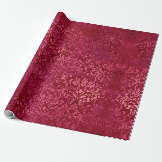 Papel De Presente Textura do Grunge Magenta Dourado Damask (Desenrolado)