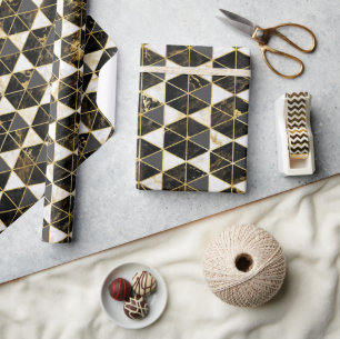 Papel De Presente Textura Geométrica de Mármore Preto, Dourado e Bra