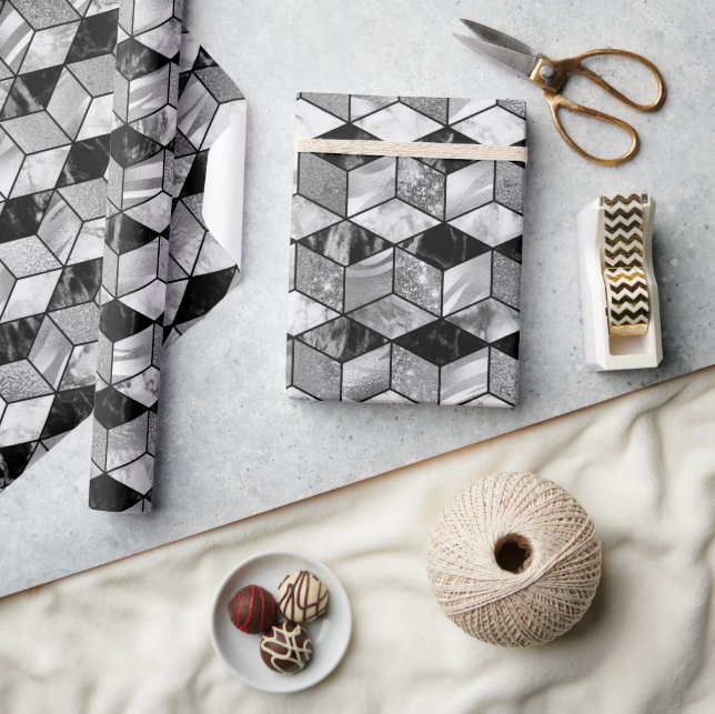 Papel De Presente Textura Geométrica de Mármore Preto, Prata e Branc (Artesanato)