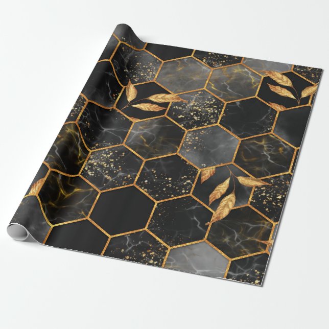 Papel De Presente Textura uniforme de hexágono mármore com folhas de (Desenrolado)
